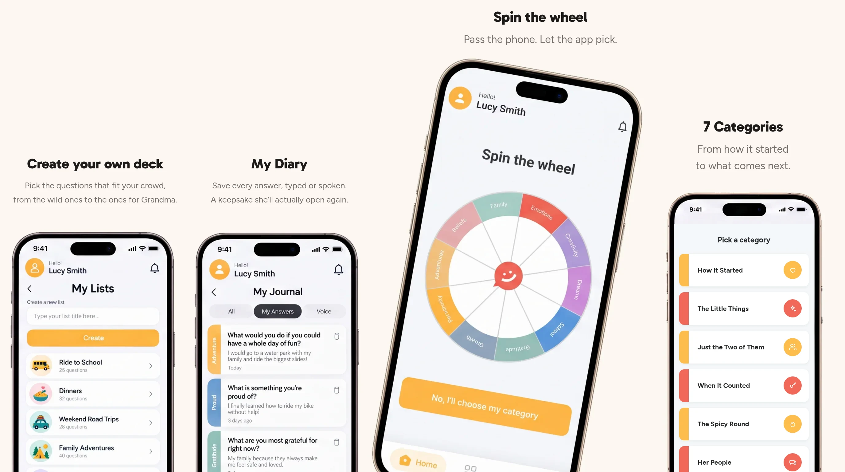 The Pick One app on four phones: create your own deck, My Diary, Spin the wheel, and Pick a category with the 7 Bachelorette Questions categories.