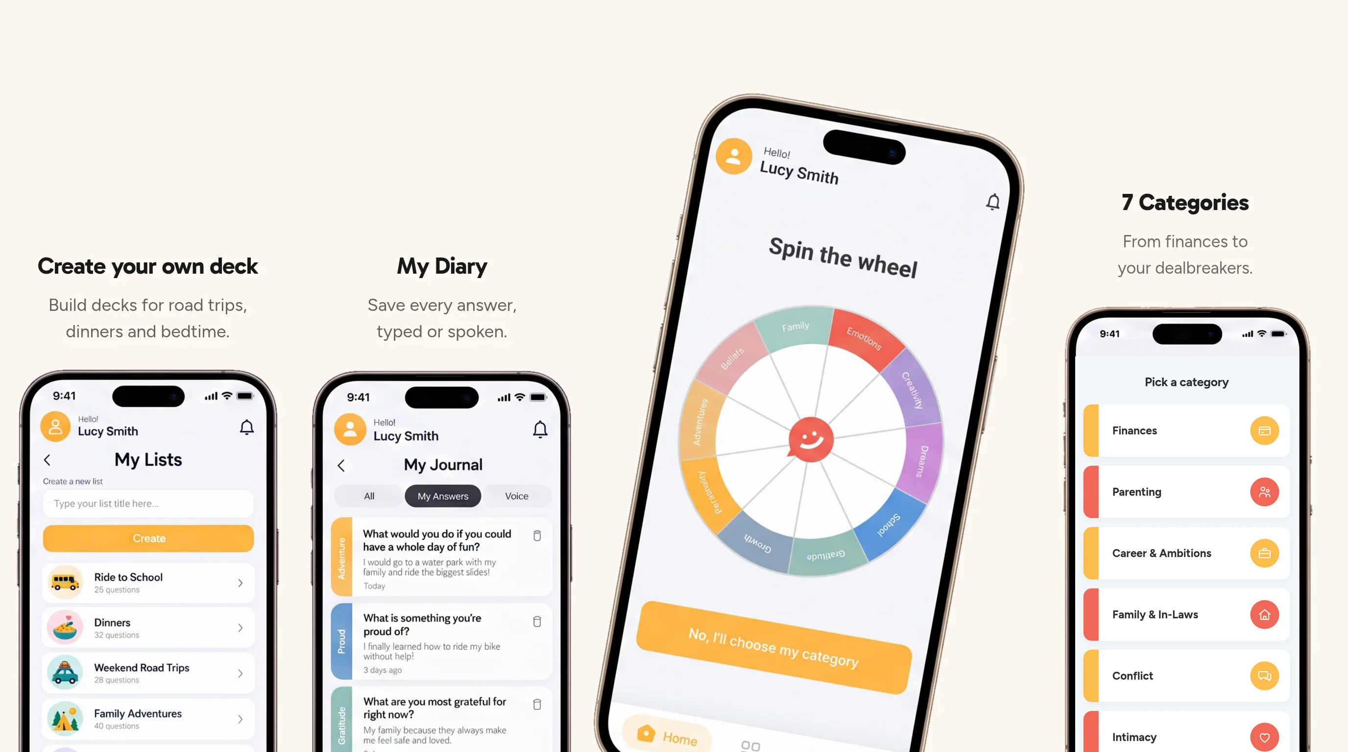 The Pick One app on four phones: My Lists to create your own deck, My Diary to save every answer, the Spin the wheel screen, and Pick a category with the 7 Before We Do categories: Finances, Parenting, Career & Ambitions, Family & In-Laws, Conflict.