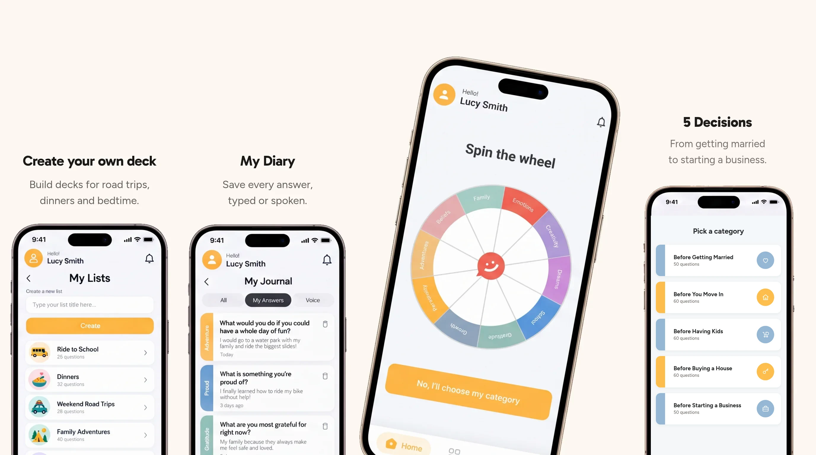 The Pick One app on four phones: My Lists to create your own deck, My Diary to save every answer, the Spin the wheel screen, and the five Before You Leap decks: Getting Married, Moving In, Having Kids, Buying a House and Starting a Business.