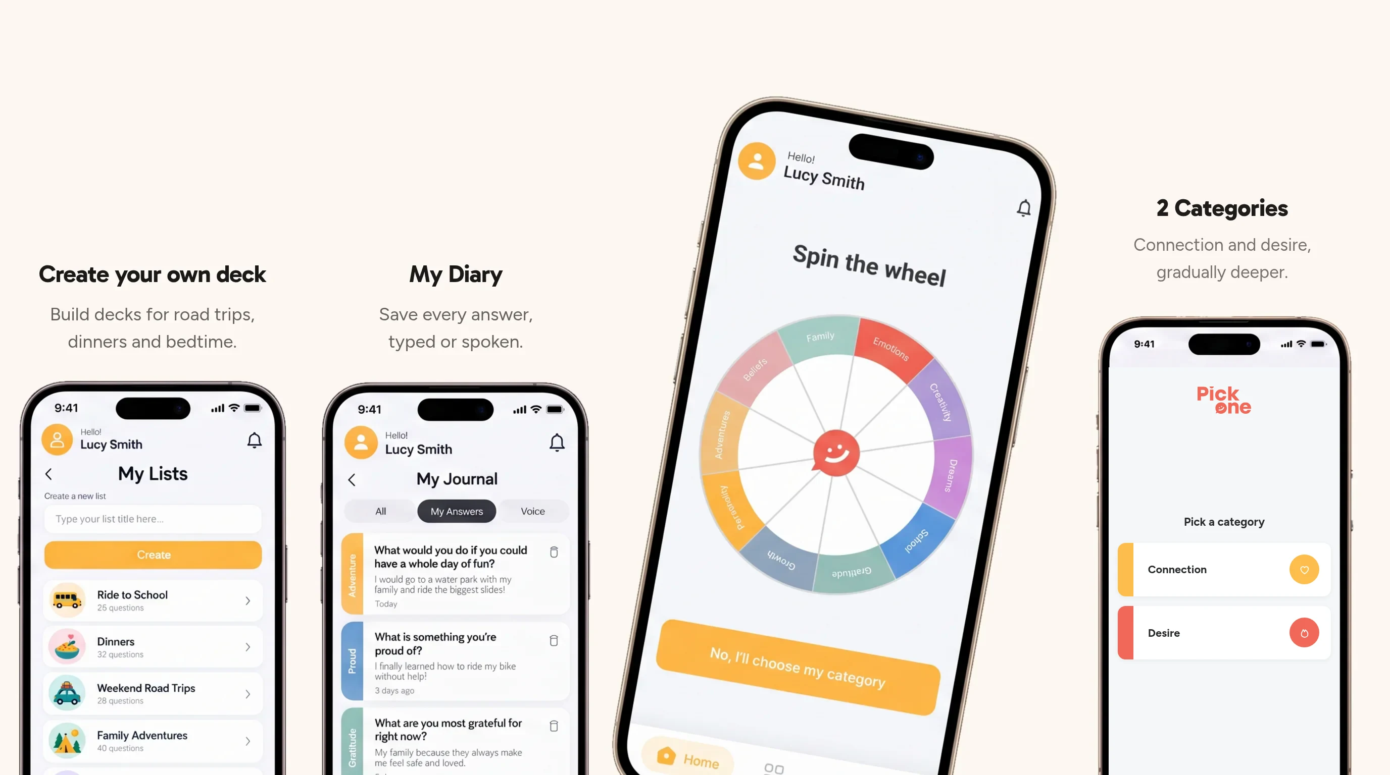 The Pick One app on four phones: My Lists to create your own deck, My Diary to save every answer, the Spin the wheel screen, and Pick a category with the 2 Intimacy Unlocked categories: Connection and Desire.