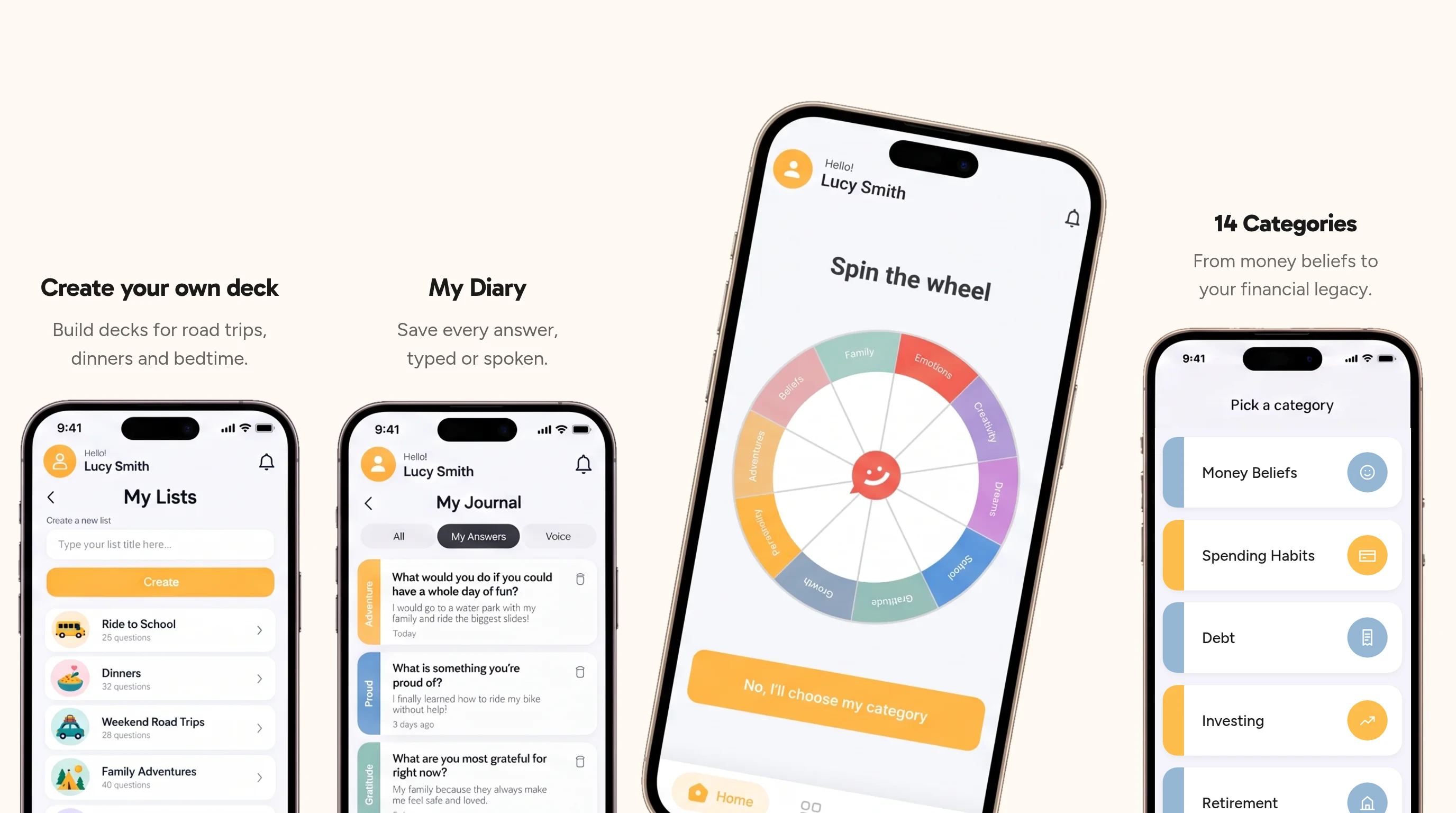 The Pick One app on four phones: My Lists to create your own deck, My Diary to save every answer, the Spin the wheel screen, and Pick a category with money categories: Money Beliefs, Spending Habits, Debt, Investing, Retirement.