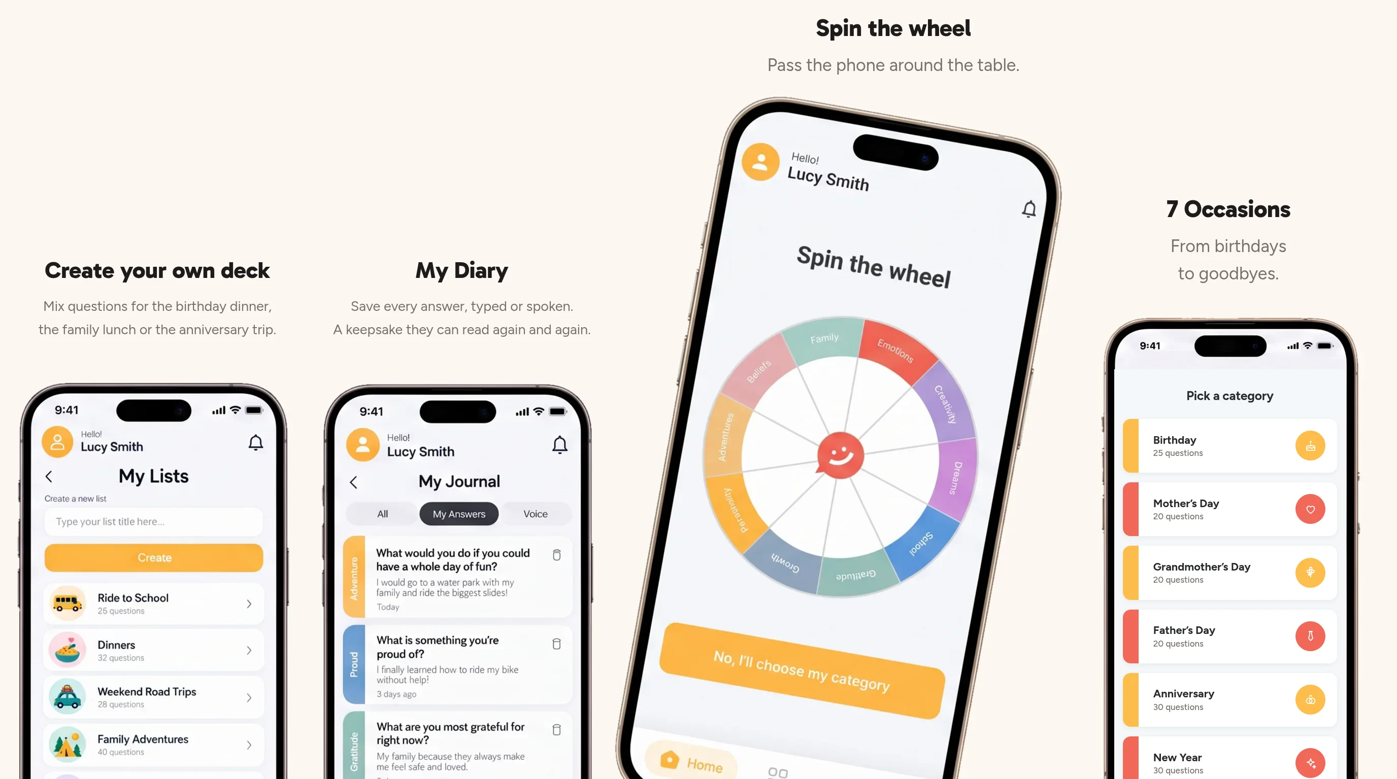 The Pick One app on four phones: create your own deck, My Diary, Spin the wheel, and Pick a category with the 7 Special Occasions decks.