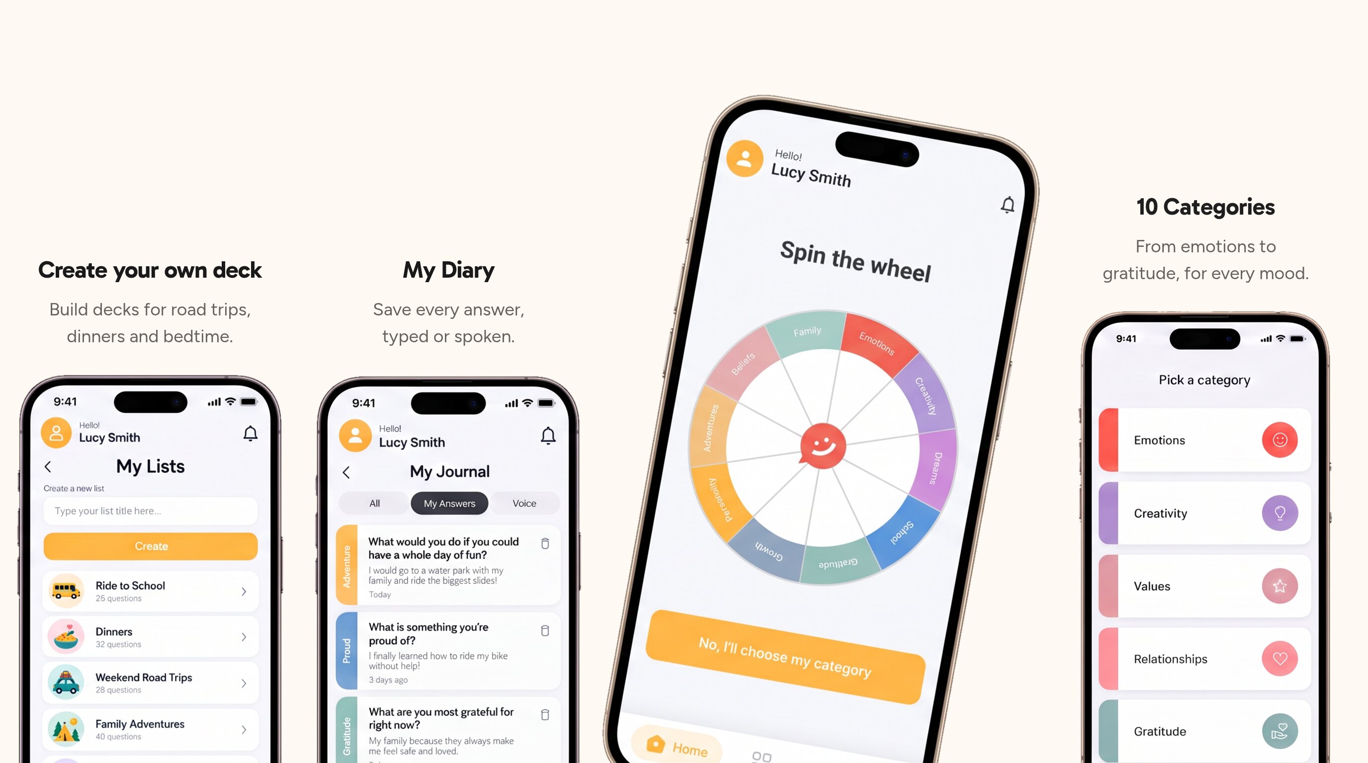 The Pick One app on four phones: My Lists to create your own deck, My Diary to save every answer, the Spin the wheel screen with 10 categories, and Pick a category.