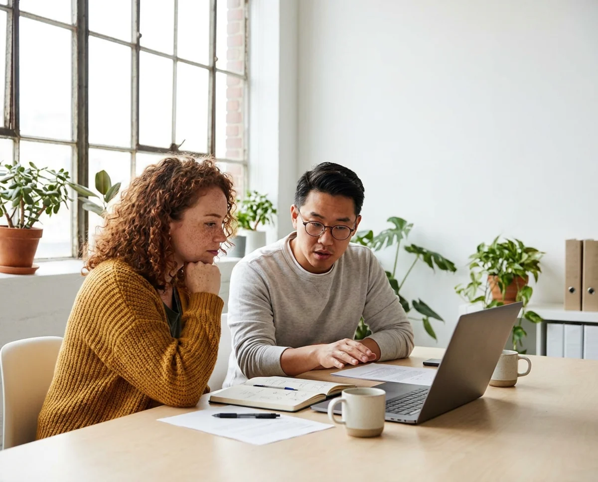 Two business partners at a table with a laptop and a notebook, he explains while she listens closely