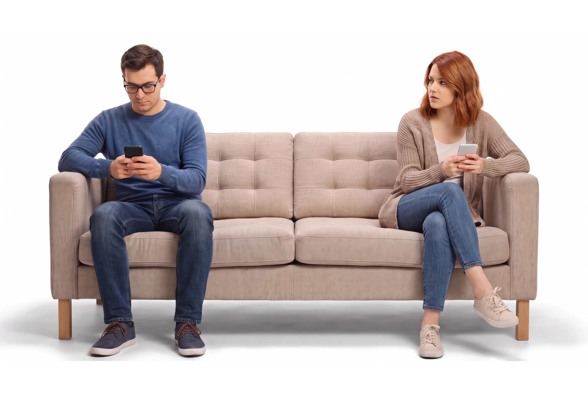 A couple sitting at opposite ends of a sofa, each on their own phone, with the whole middle of the sofa empty between them.