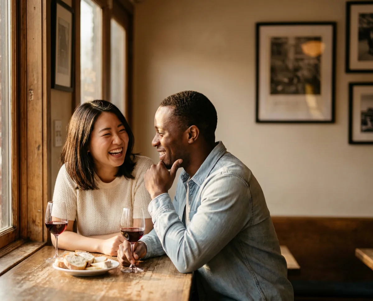 A couple on an early date at a wine bar table by the window, she laughs while he listens, chin in hand