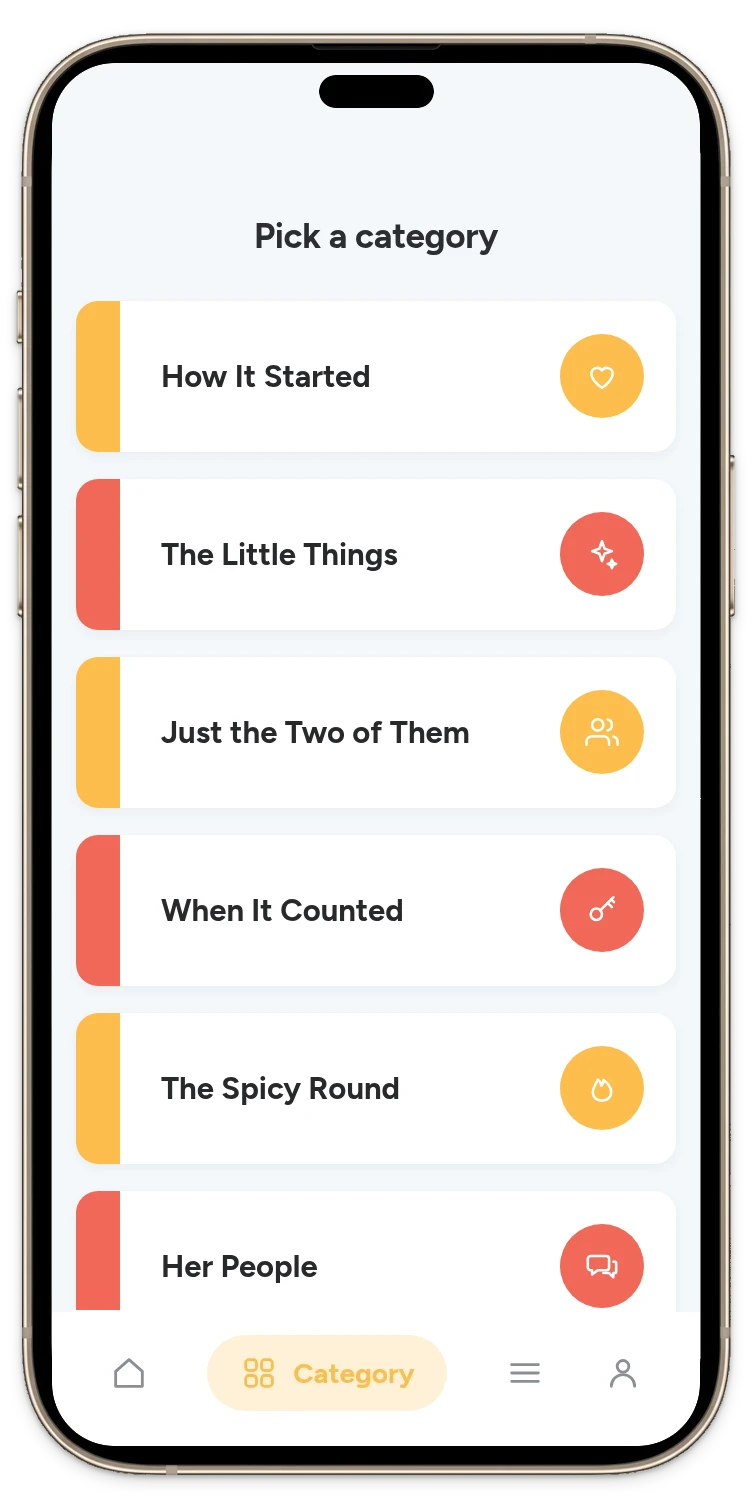 The Pick One app showing the Bachelorette Questions categories: How It Started, The Little Things, Just the Two of Them, When It Counted, The Spicy Round and Her People
