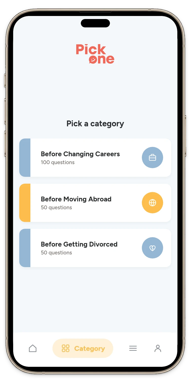 The Pick One app showing the three Before Life Changes decks: Before Changing Careers (100 questions), Before Moving Abroad (50 questions) and Before Getting Divorced (50 questions)