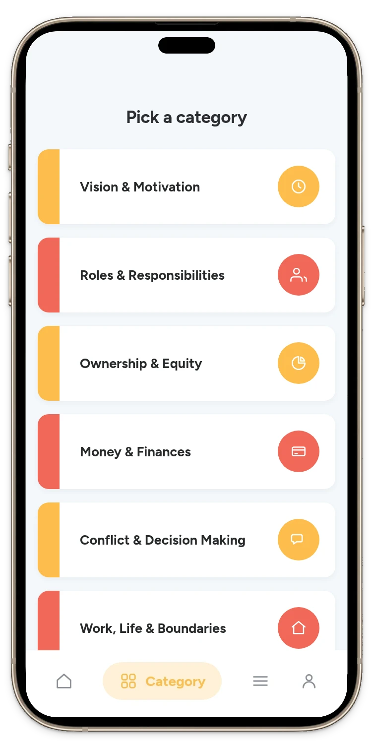 The Pick One app showing the Before Starting a Business categories: Vision & Motivation, Roles & Responsibilities, Ownership & Equity, Money & Finances, Conflict & Decision Making and Work, Life & Boundaries