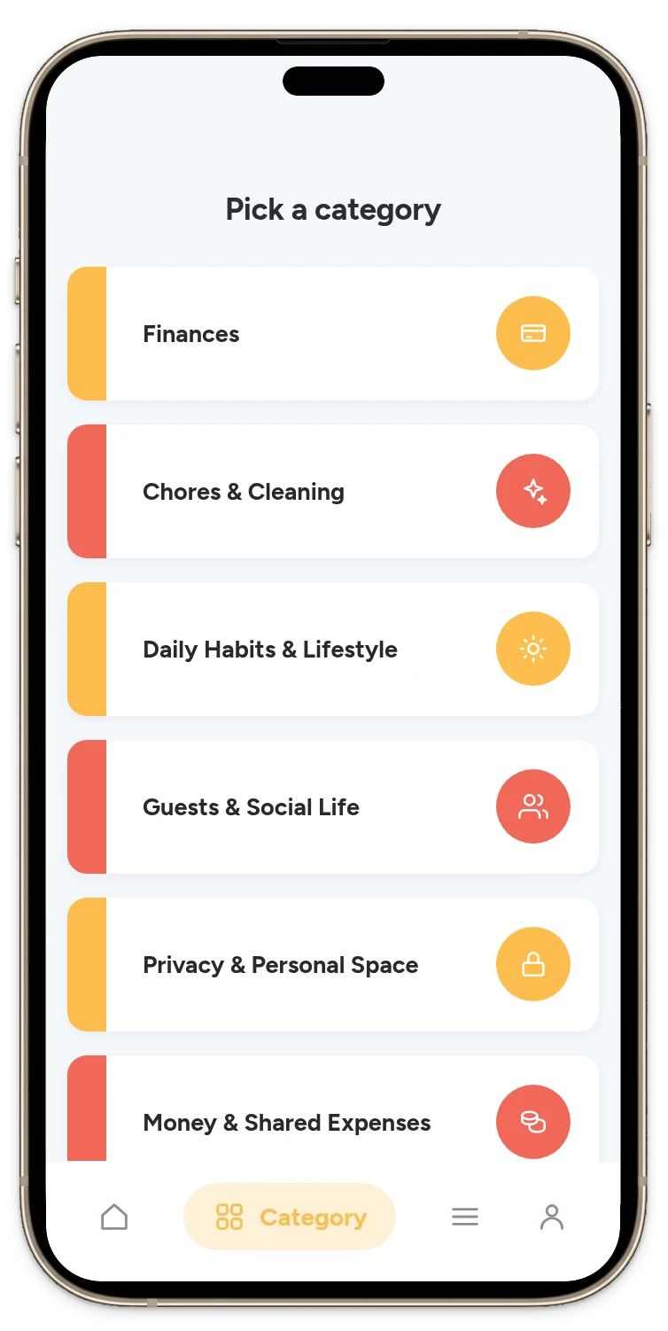 The Pick One app showing the Before You Move In categories: Finances, Chores & Cleaning, Daily Habits & Lifestyle, Guests & Social Life, Privacy & Personal Space and Money & Shared Expenses