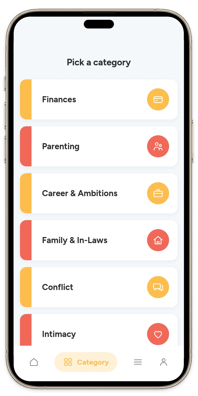 The Pick One app showing the Before We Do categories: Finances, Parenting, Career & Ambitions, Family & In-Laws, Conflict, Intimacy