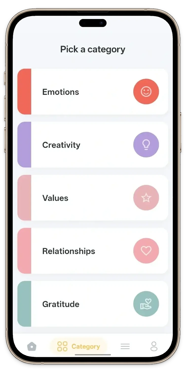 The Pick One app open on the Pick a category screen, showing Emotions, Creativity, Values, Relationships and Gratitude.