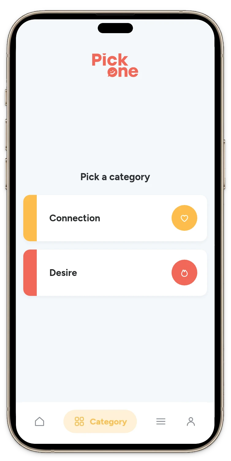 The Pick One app showing the Intimacy Unlocked categories: Connection and Desire