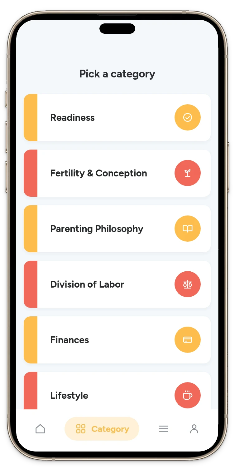 The Pick One app showing the Before Having Kids categories: Readiness, Fertility & Conception, Parenting Philosophy, Division of Labor, Finances and Lifestyle