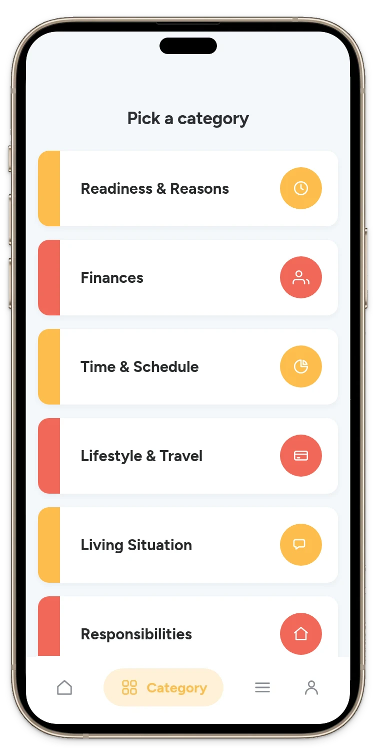 The Pick One app showing the Before Getting a Pet categories: Readiness & Reasons, Finances, Time & Schedule, Lifestyle & Travel, Living Situation, Responsibilities