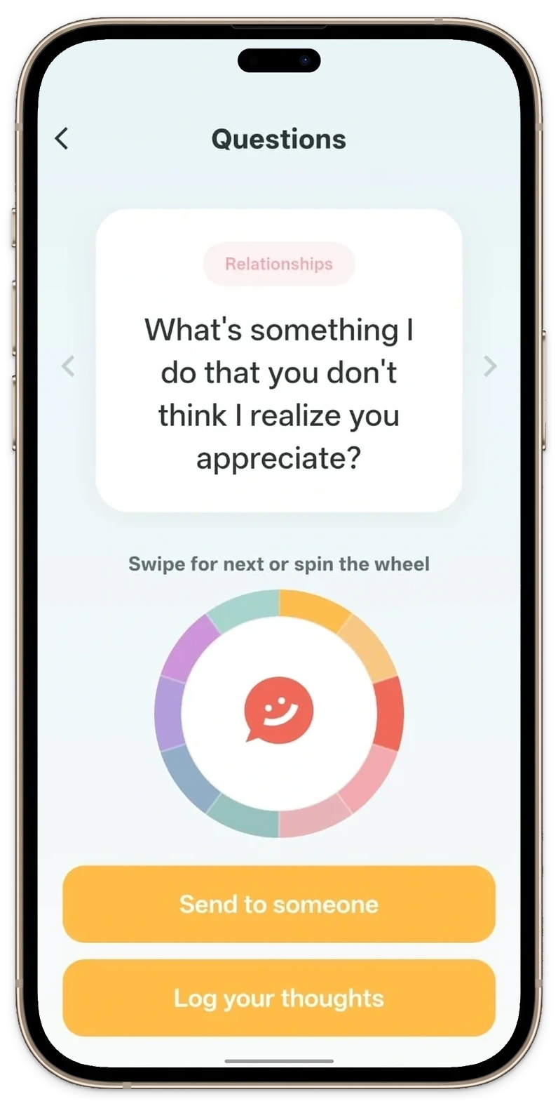 The Pick One app on a phone, showing the question &ldquo;What&rsquo;s something I do that you don&rsquo;t think I realize you appreciate?&rdquo;