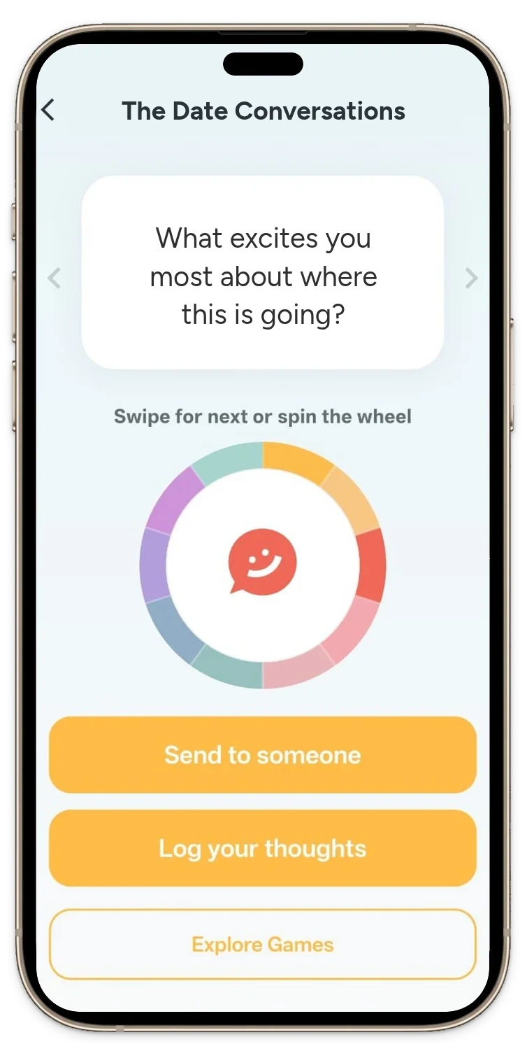 The Pick One app on a phone open on The Date Conversations, showing the question &ldquo;What excites you most about where this is going?&rdquo;
