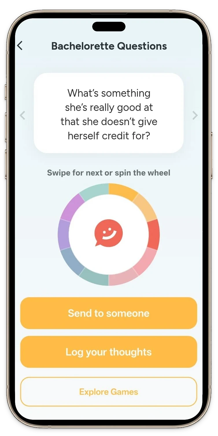The Pick One app open on Bachelorette Questions, showing the question &ldquo;What&rsquo;s something she&rsquo;s really good at that she doesn&rsquo;t give herself credit for?&rdquo;