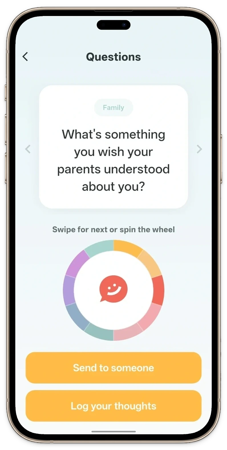 The Pick One app on a phone, showing the question “What’s something you wish your parents understood about you?”