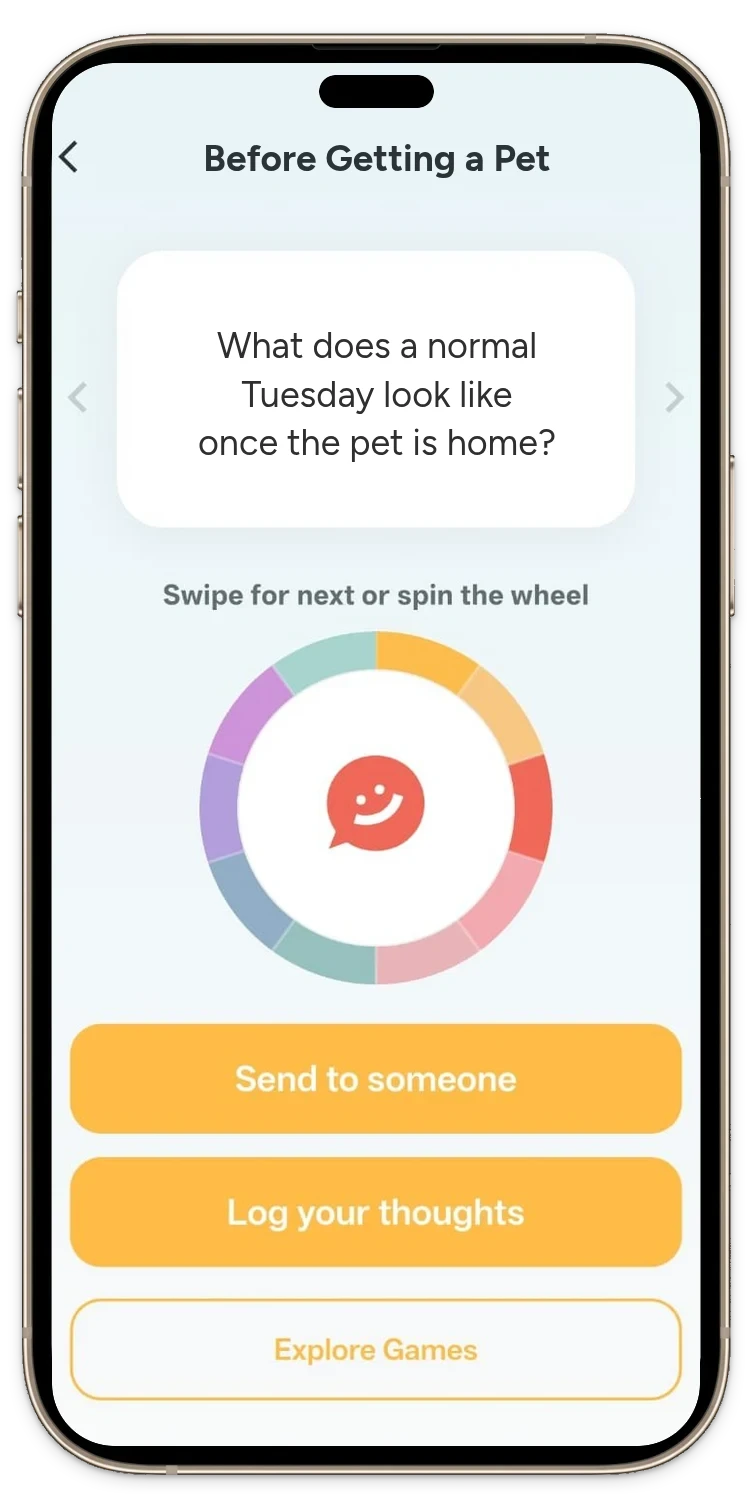 The Pick One app on a phone open on Before Getting a Pet, showing the question &ldquo;What does a normal Tuesday look like once the pet is home?&rdquo;