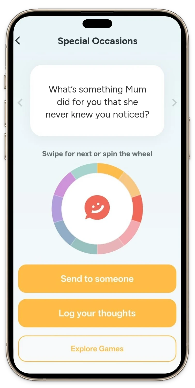 The Pick One app open on Special Occasions, showing the question &ldquo;What&rsquo;s something Mum did for you that she never knew you noticed?&rdquo;