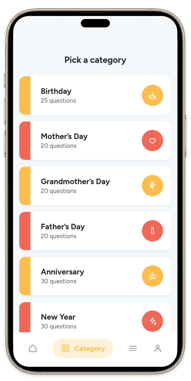 The Pick One app showing the Special Occasions decks: Birthday, Mother’s Day, Grandmother’s Day, Father’s Day, Anniversary and New Year