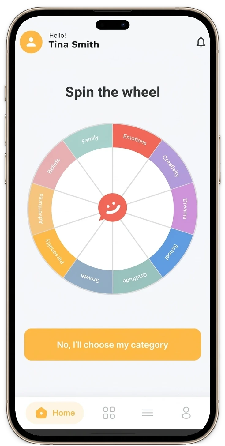 The Pick One app open on the Spin the wheel screen, showing ten conversation categories.