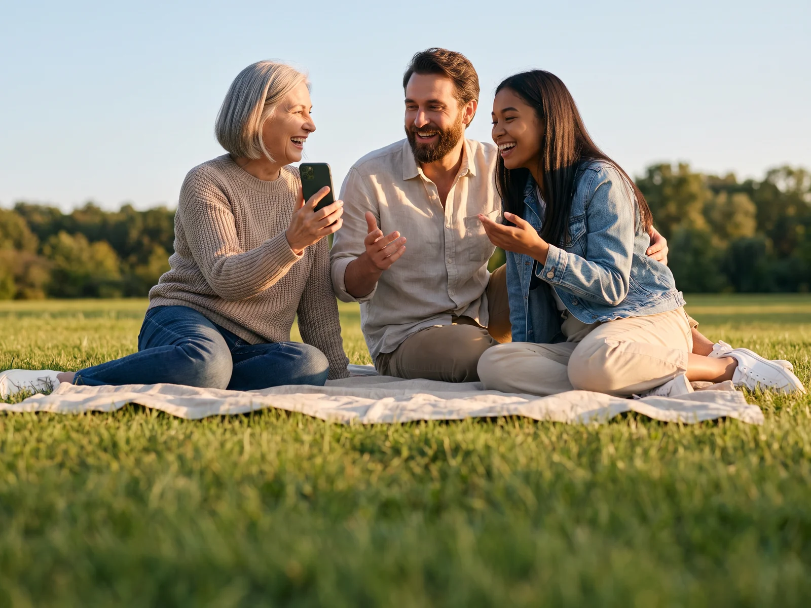 Three people of different ages laughing together on a picnic blanket in a sunny park, one holding a phone.