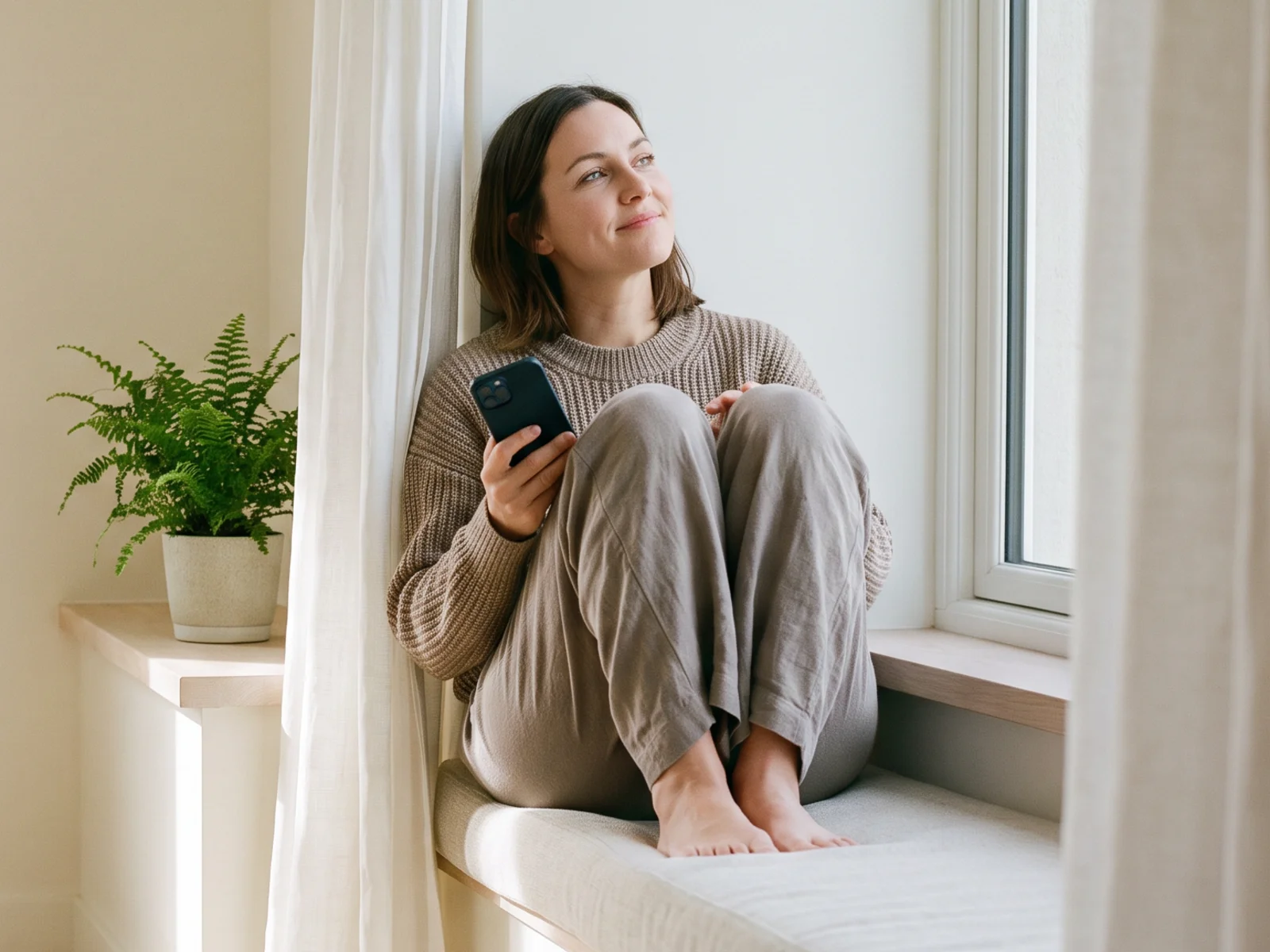 A woman sitting on a sunny window seat with her phone, looking up with a thoughtful smile.