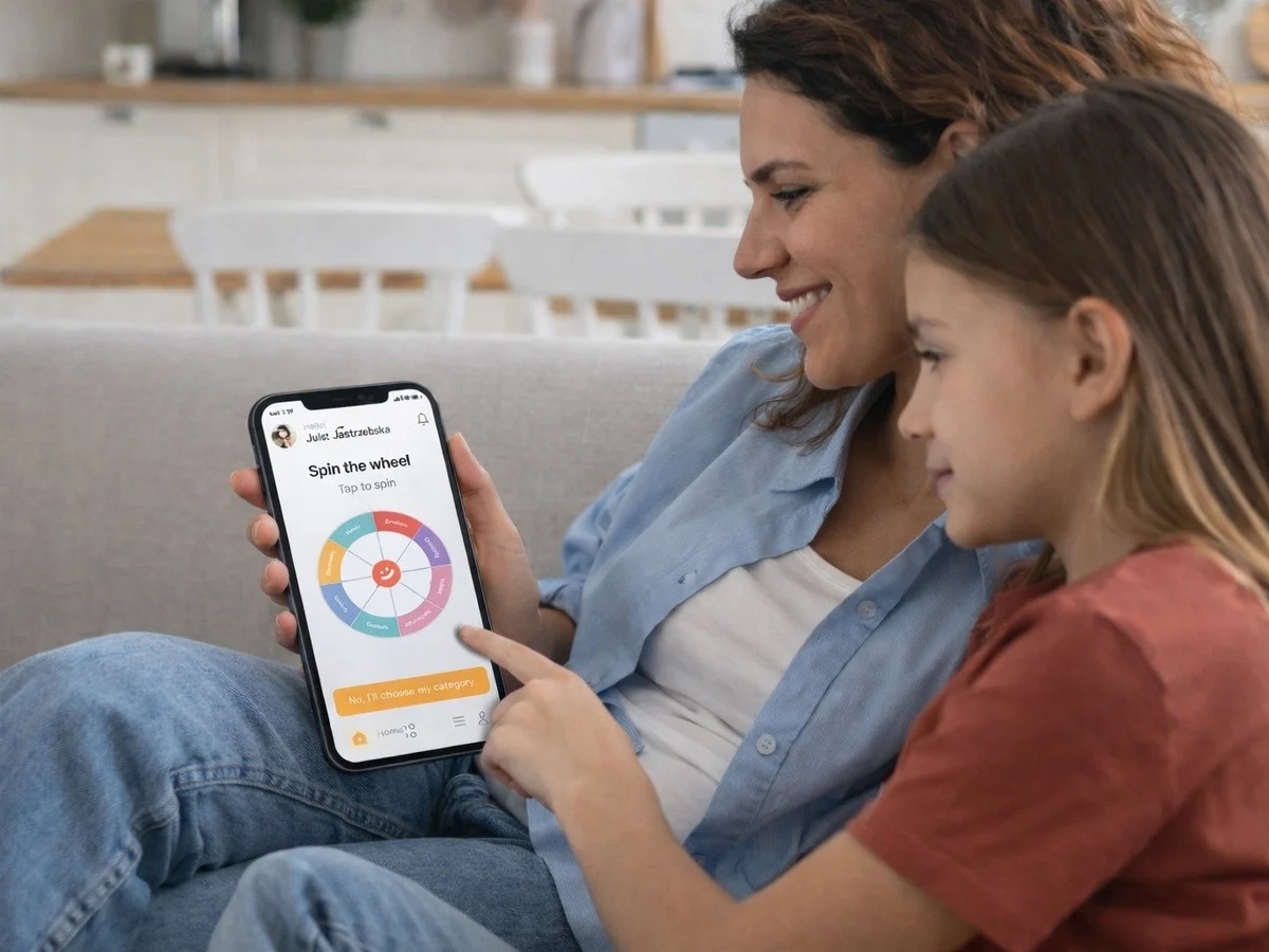 A mother holds the Pick One spin wheel on her phone while her young daughter taps it
