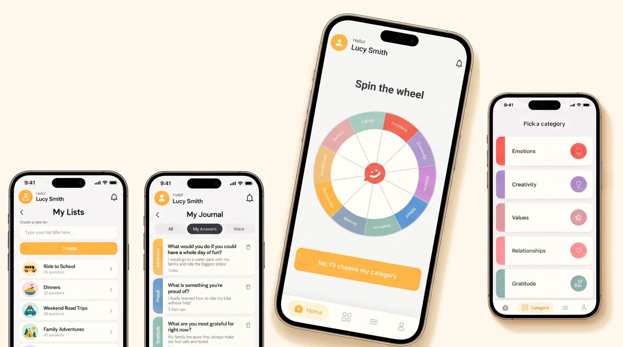 The Pick One app on four phones: My Lists for building your own decks, My Journal for saving answers, Spin the wheel, and Pick a category