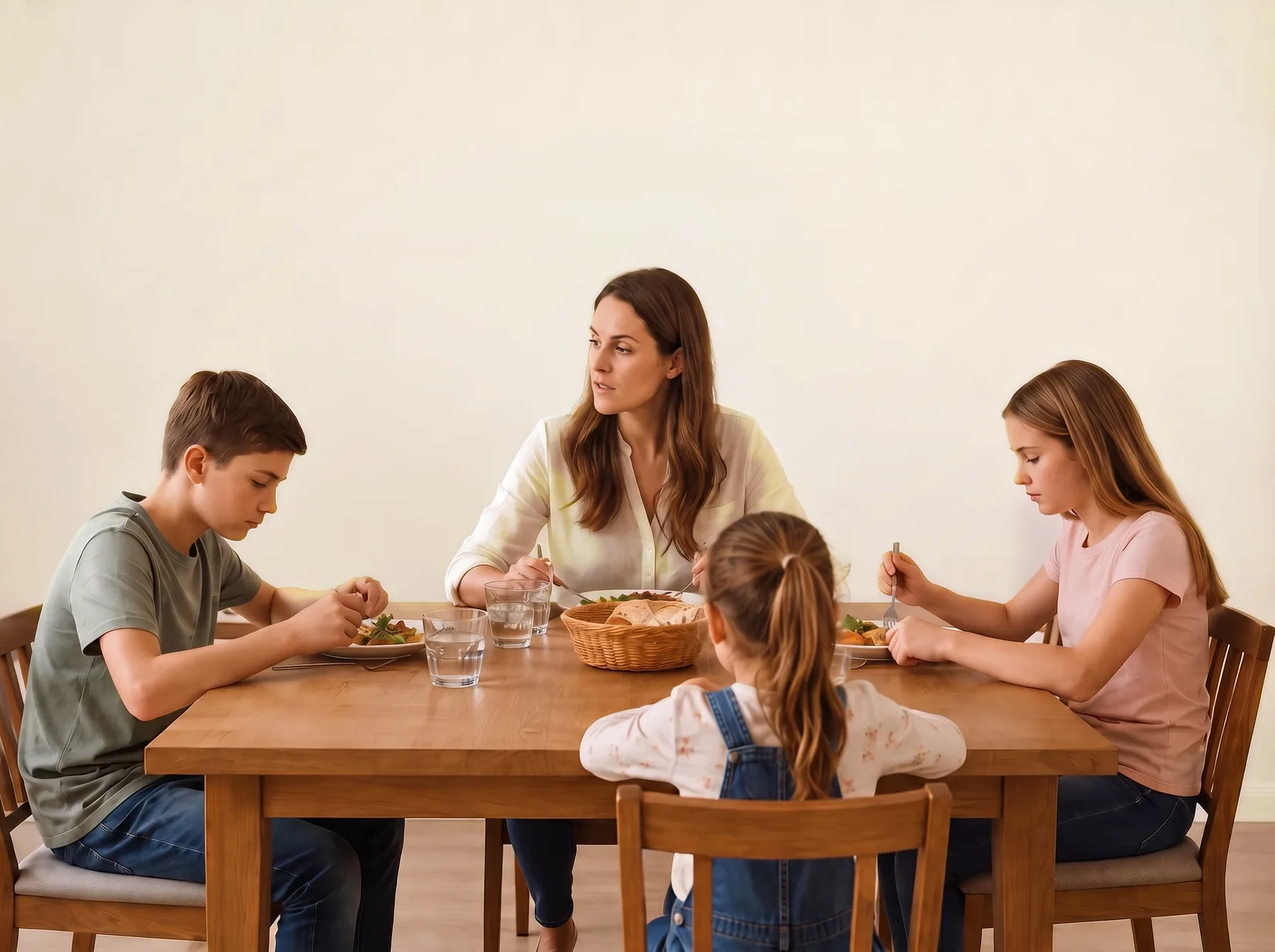 Emma turns to her son Mason, who keeps eating with his eyes down