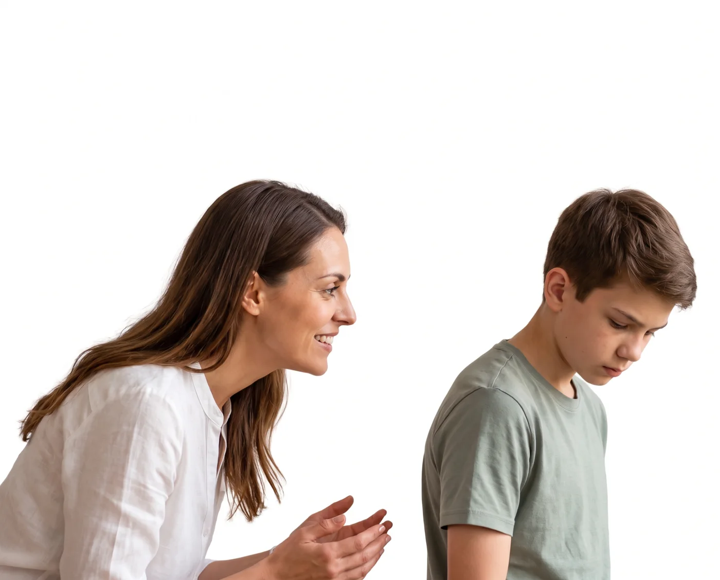 A mother leans in, smiling, to ask her son about his day; he turns away and looks at the floor