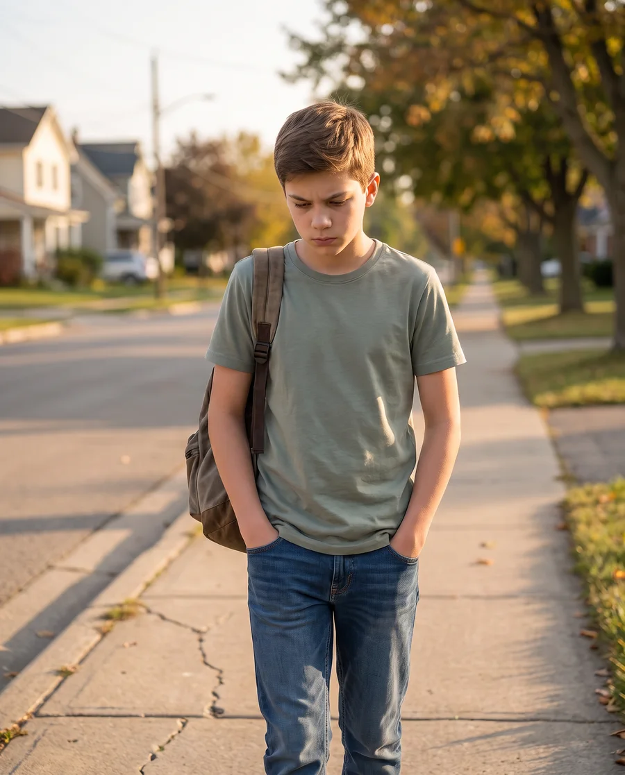 Mason, 10, walks home alone from school, hands in his pockets, head down