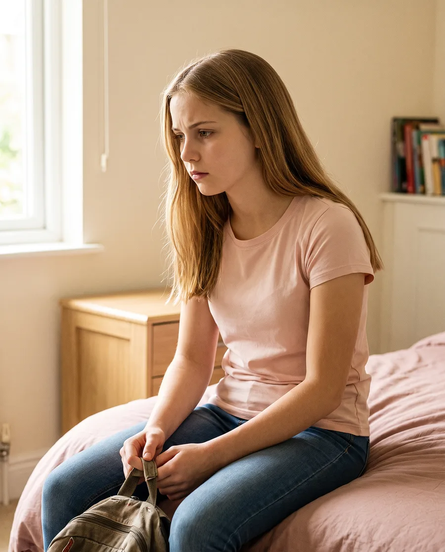 Olivia, 14, sits on her bed holding her school bag, looking worried