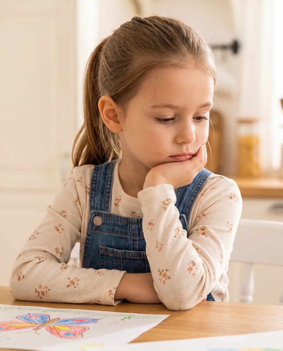 Sophie, 6, rests her chin on her hand beside her butterfly drawing, looking sad
