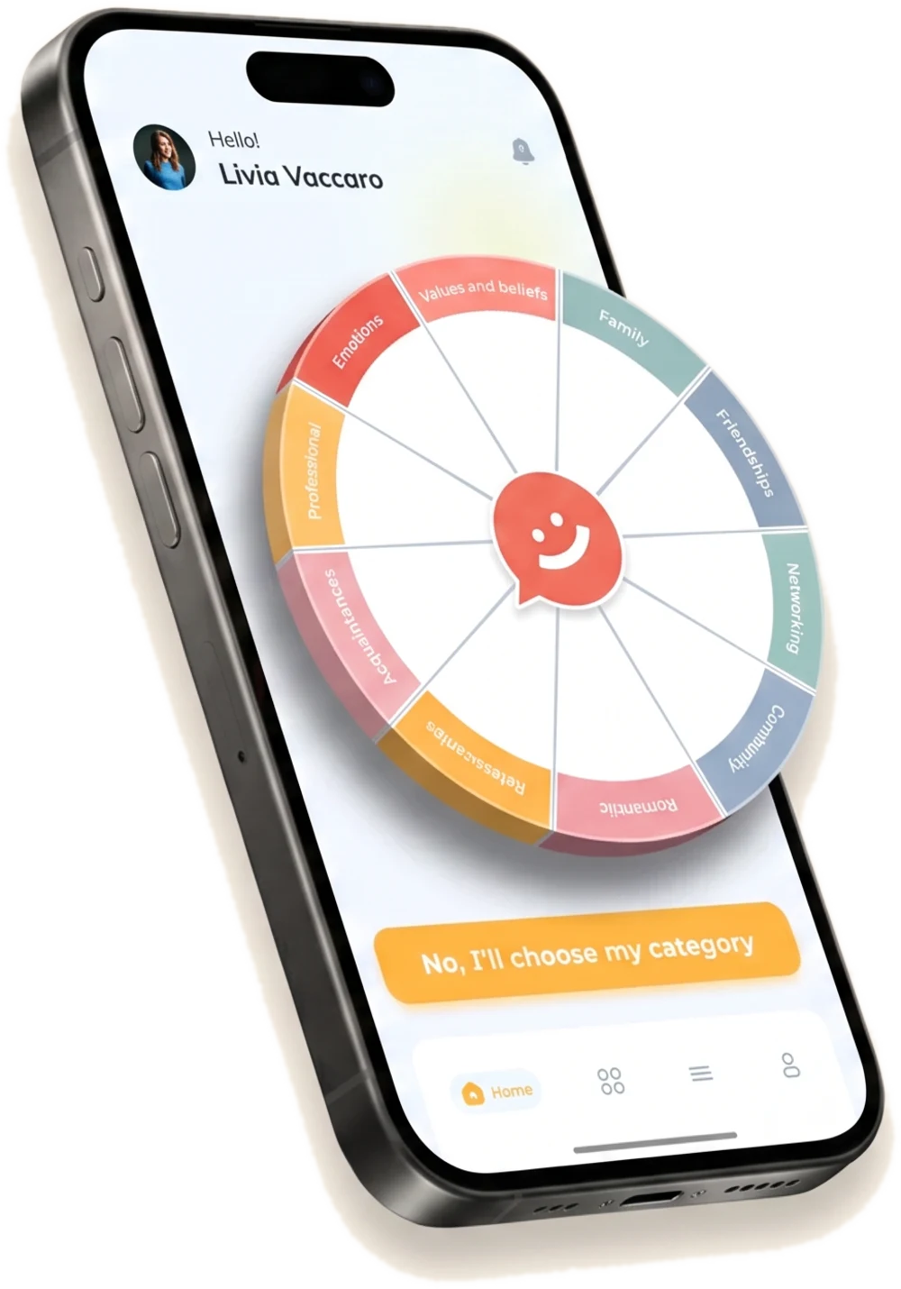 The Pick One app on a phone with the spin wheel, three question cards floating around it