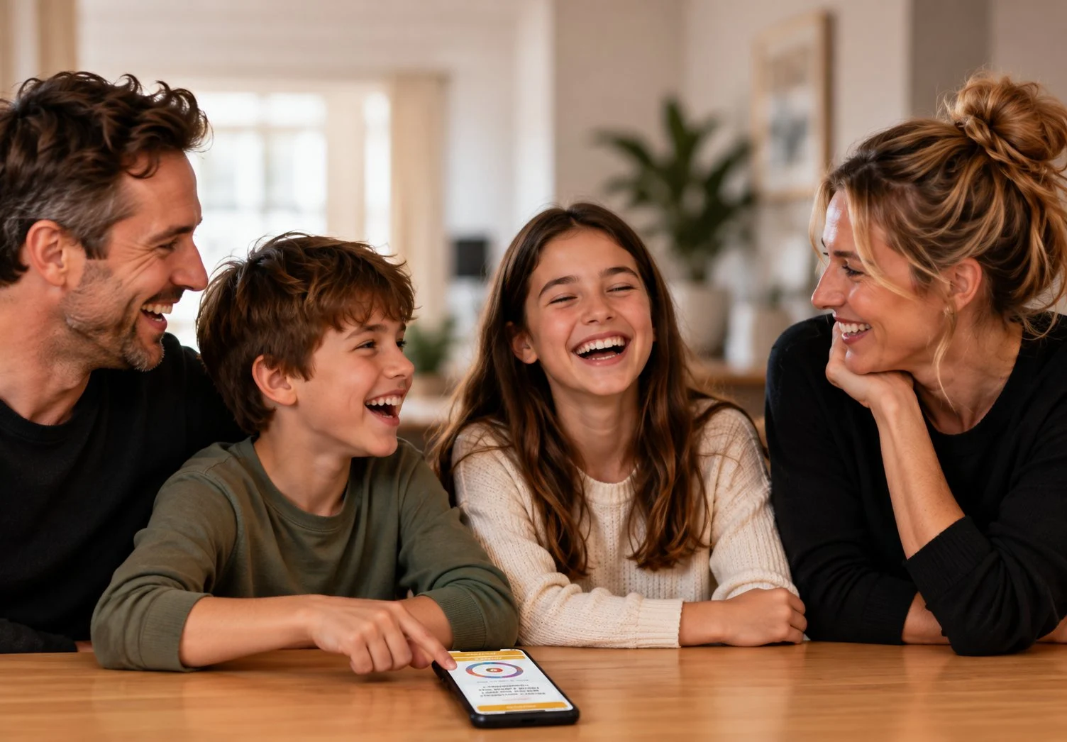A family laughing together around the table as the boy taps the Pick One spin wheel on a phone