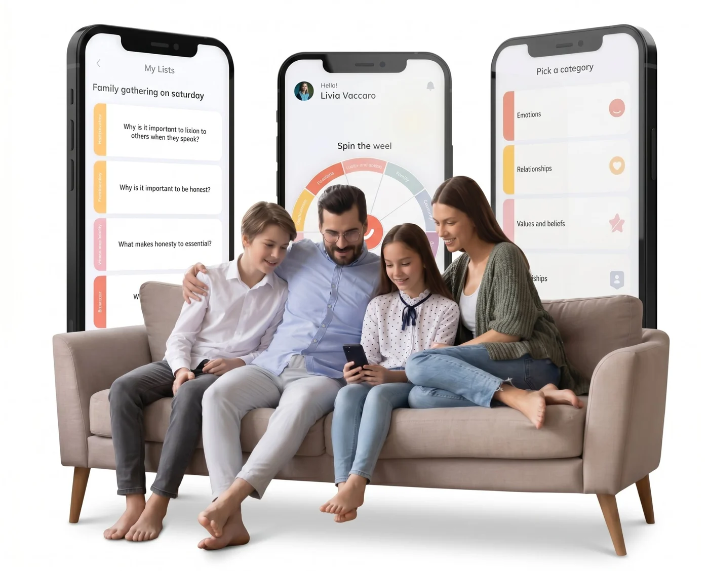 A family relaxing together on the sofa, looking at the Pick One app on a phone, with large app screens behind them