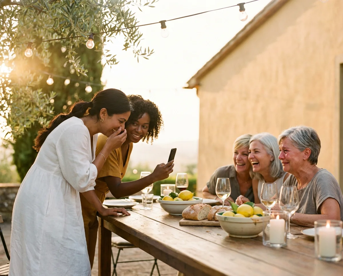 A hen night dinner on a villa terrace at sunset: the bride laughs into her hand while her best friend reads a question from a phone and the older women at the table laugh along