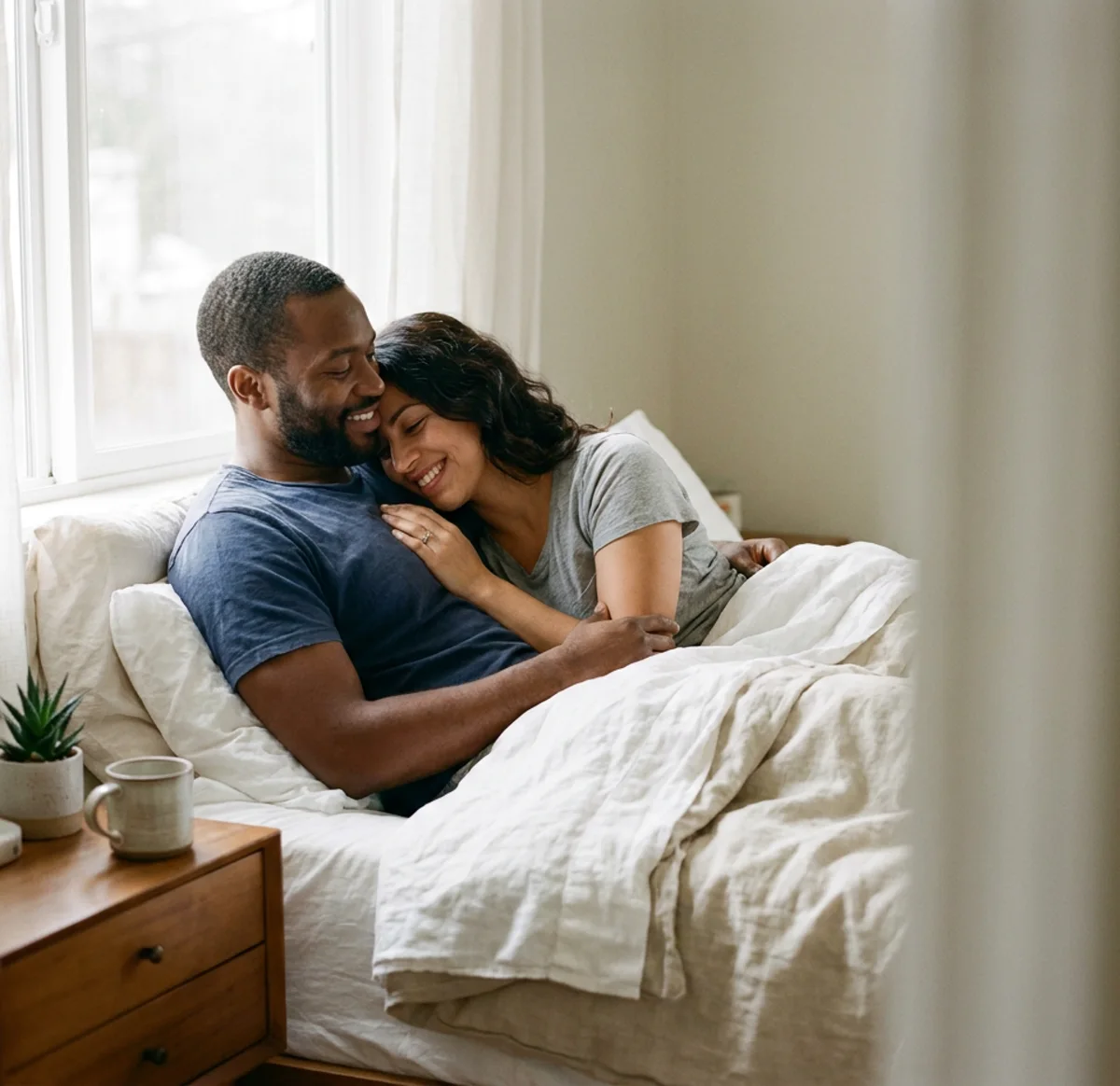 A couple lying close in bed on a slow morning, she rests her head against his, both smiling
