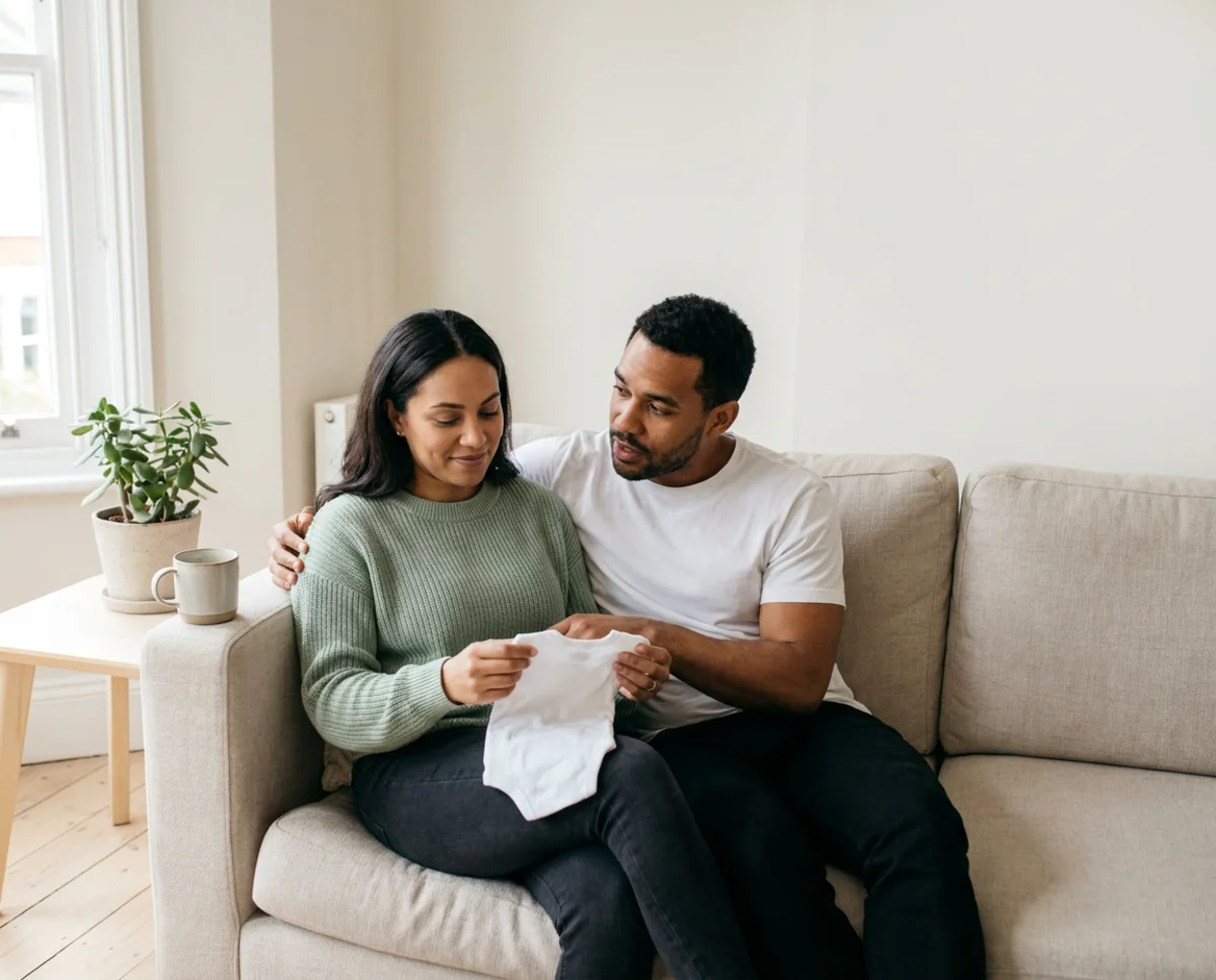 A couple sitting close on a sofa, she holds a tiny white baby onesie while he listens, mid-conversation