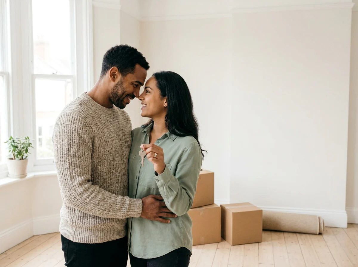 A couple stands close together in an empty new flat among moving boxes, smiling at each other, holding up the keys