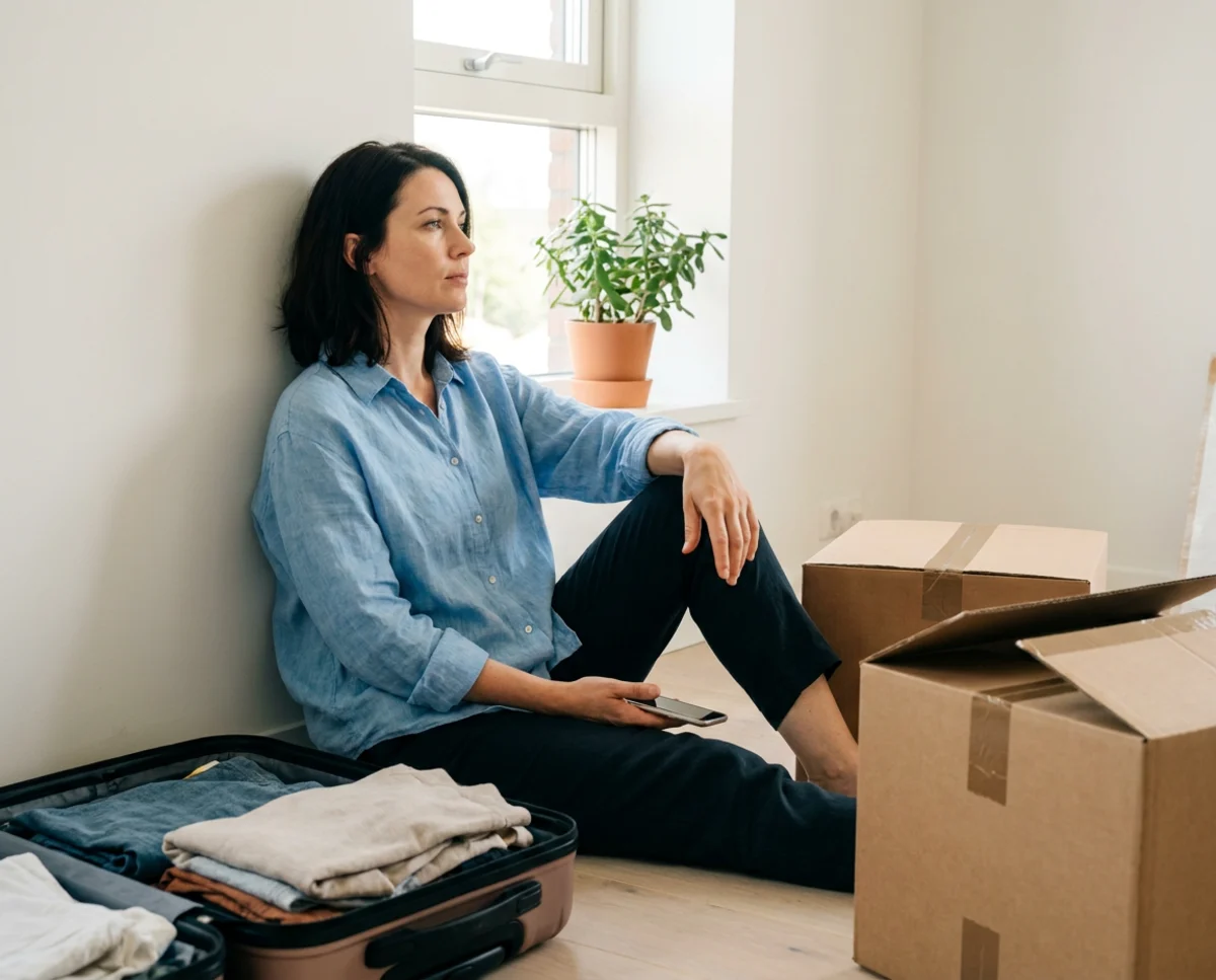 A woman sits on the floor of a half-packed apartment beside a suitcase and moving boxes, looking out of the window, thinking
