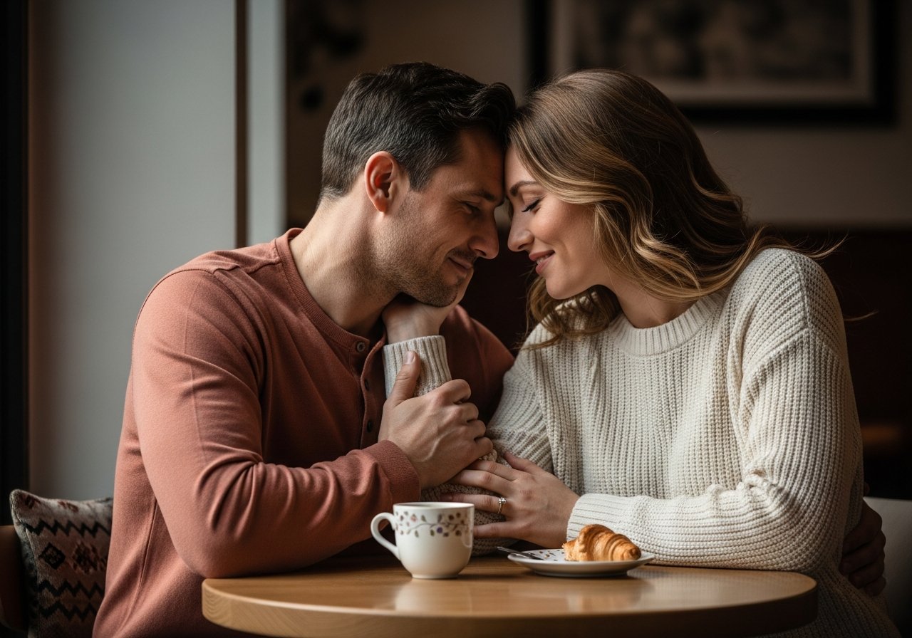 A couple sitting close over coffee, laughing.