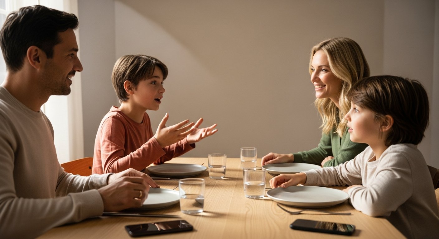 A family around the dinner table, talking rather than looking at screens.