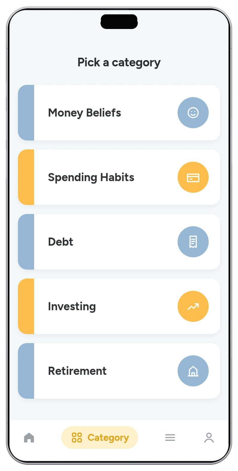The Pick One app showing money categories: Money Beliefs, Spending Habits, Debt, Investing, Retirement