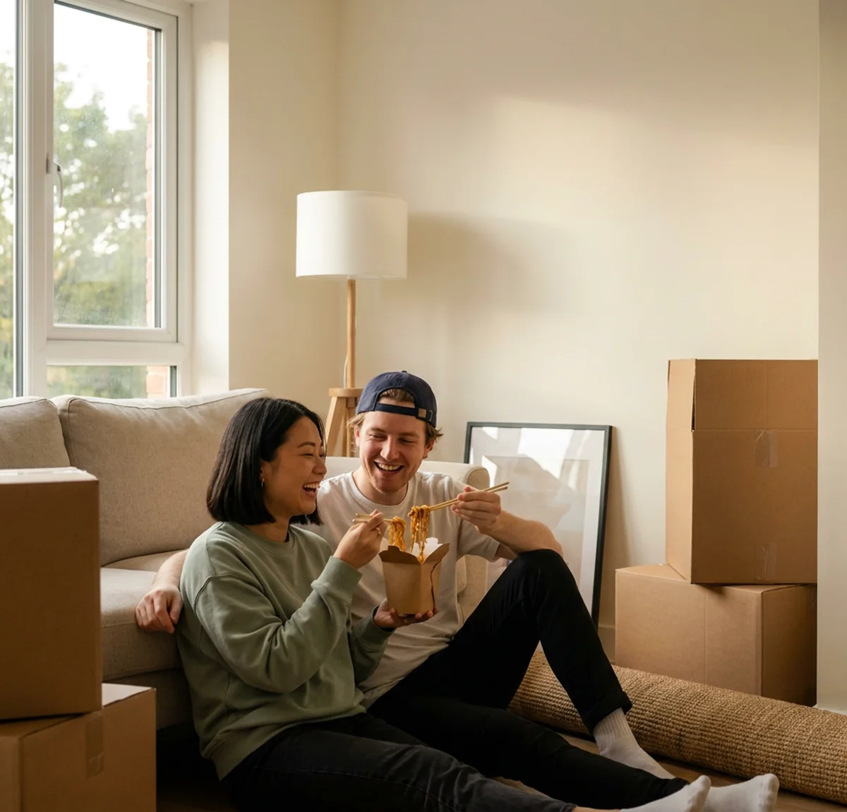 A couple sitting on the floor of their new apartment among moving boxes, laughing and sharing takeaway noodles