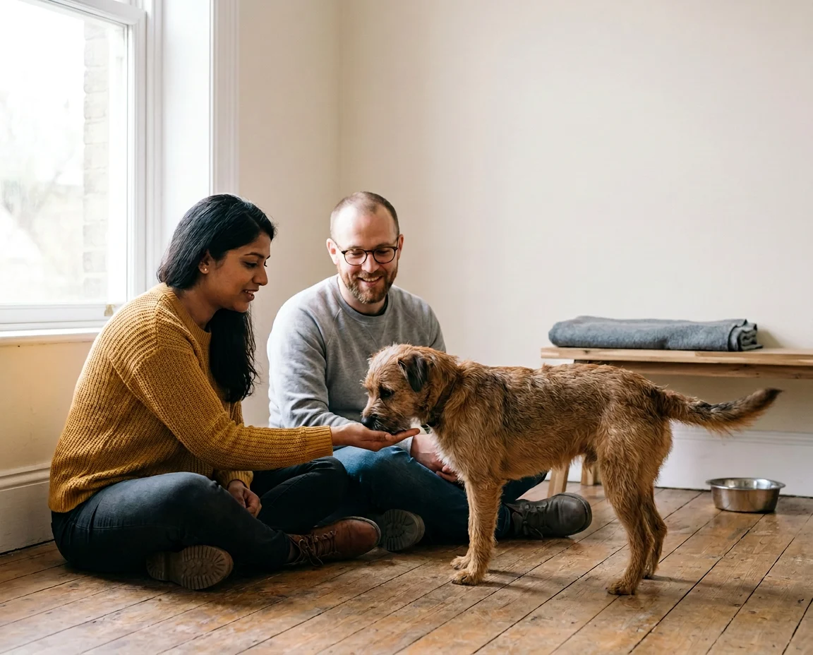 A couple sitting on the wooden floor of a bright, empty room, meeting a scruffy rescue terrier who sniffs her open hand
