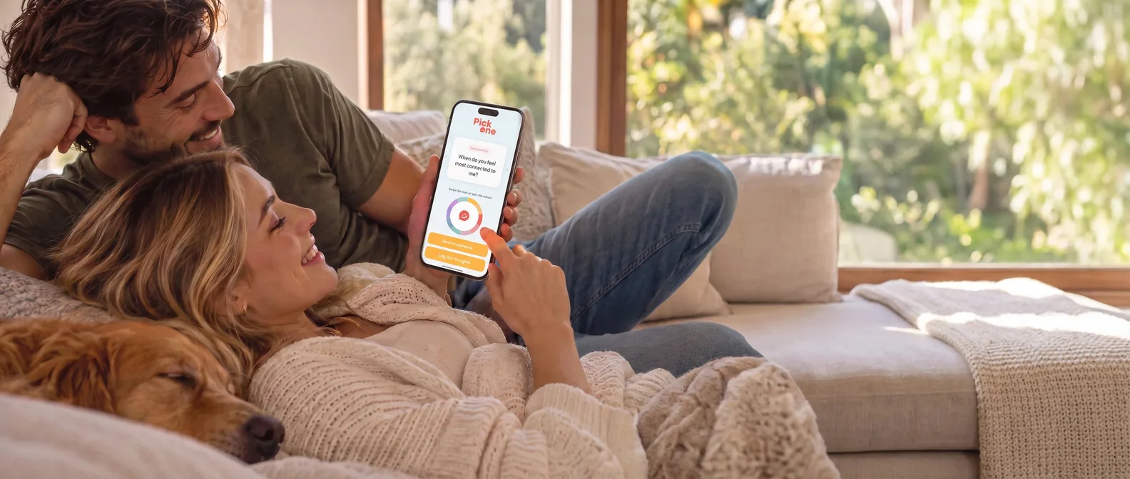 A couple laughing on the sofa with their dog, playing Pick One on a phone.